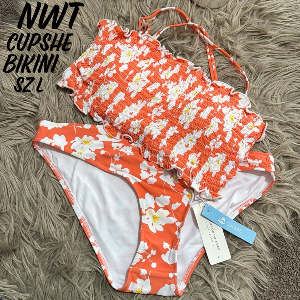 NWT CUPSHE Bikini-Sz L-Floral-Coral Peach White-Bandeau Top-Not Too Cheeky